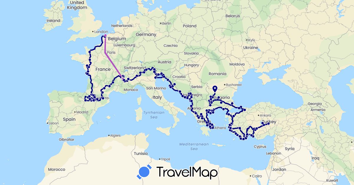 TravelMap itinerary: driving, train in Andorra, Albania, Bosnia and Herzegovina, Bulgaria, Spain, France, Greece, Croatia, Italy, Montenegro, Slovenia, Turkey (Asia, Europe)